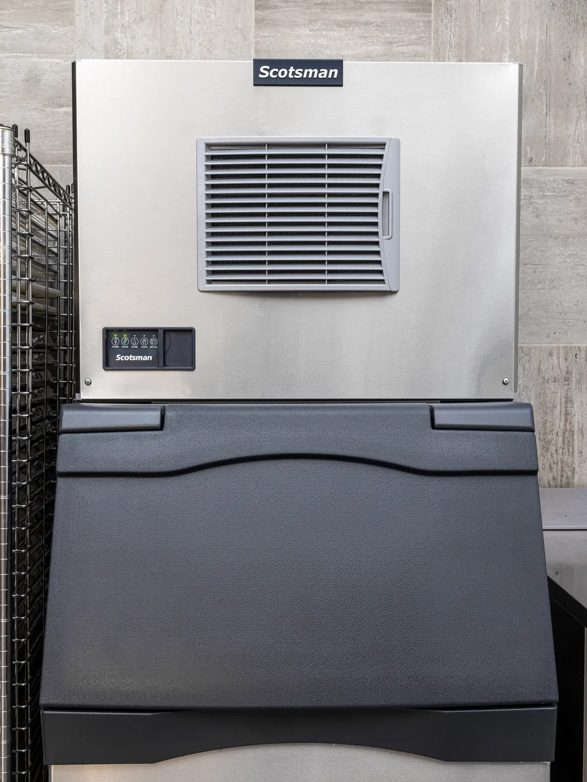 Scotsman ice machine and storage bin installed in a professional kitchen