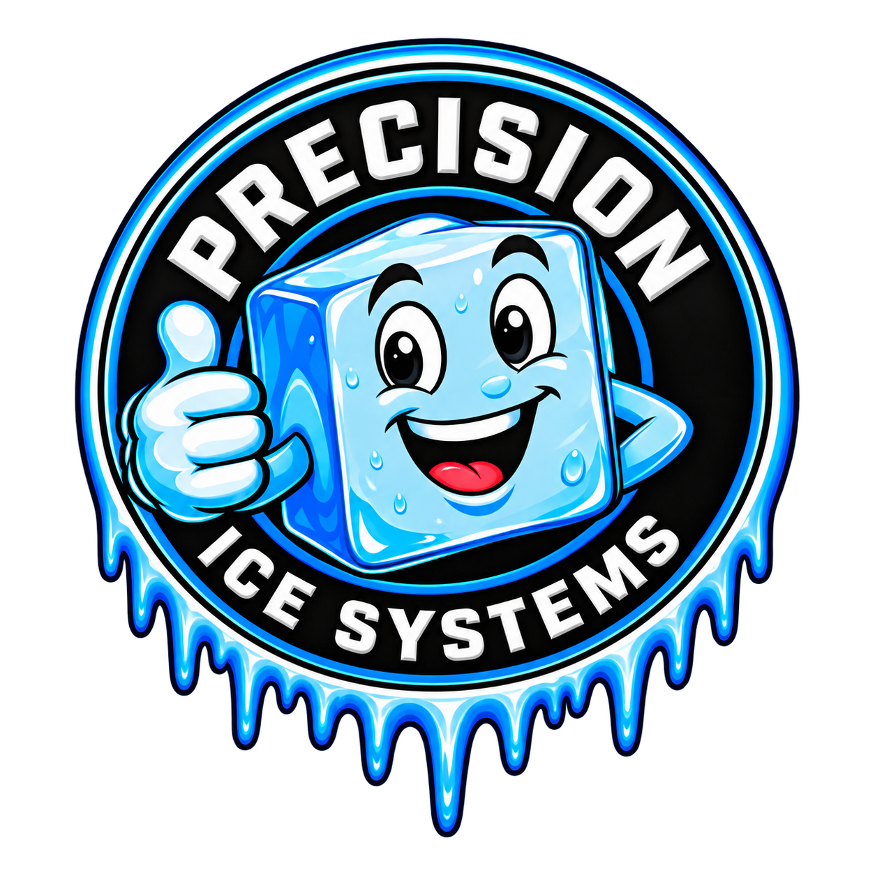 Precision Ice Systems smiling ice cube giving a thumbs up
